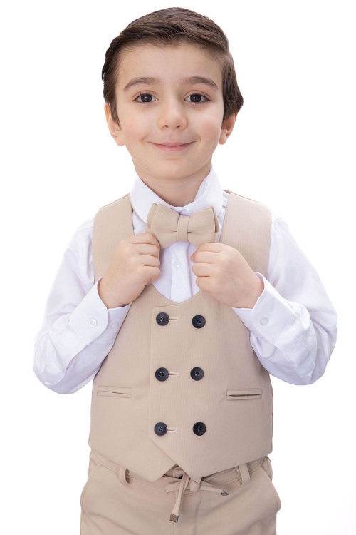 Bej Düğmeli Yelekli Papyonlu Gömlekli Erkek Çocuk 4lü Takım Elbise 20545