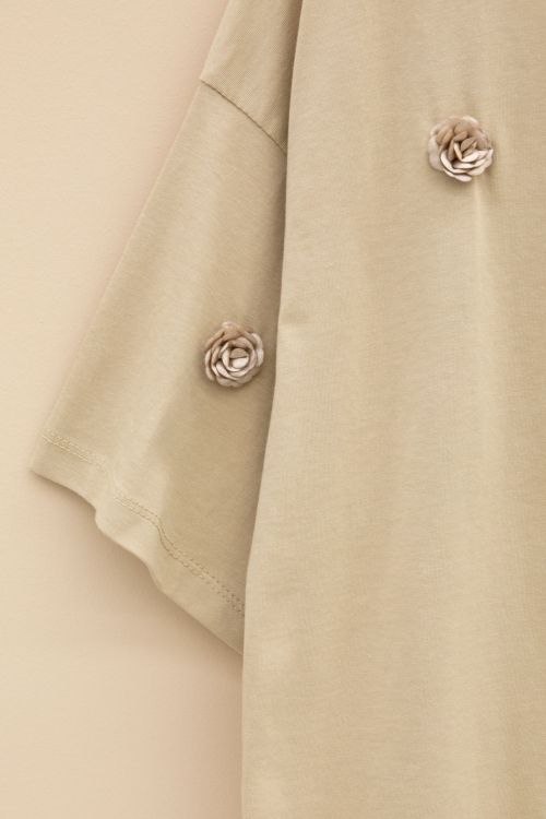 Bej Gül Nakış Detaylı Kısa Kol Kız Çocuk Oversize Tişört 20807