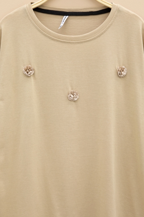 Bej Gül Nakış Detaylı Kısa Kol Kız Çocuk Oversize Tişört 20807