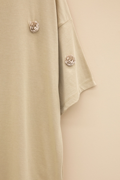 Bej Gül Nakış Detaylı Kısa Kol Kız Çocuk Oversize Tişört 20807