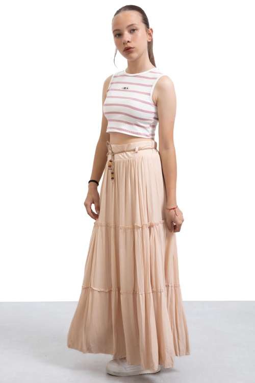 Bej Hasır Kemerli Uzun Kesim Kırışmalı Kız Çocuk Etek 21129