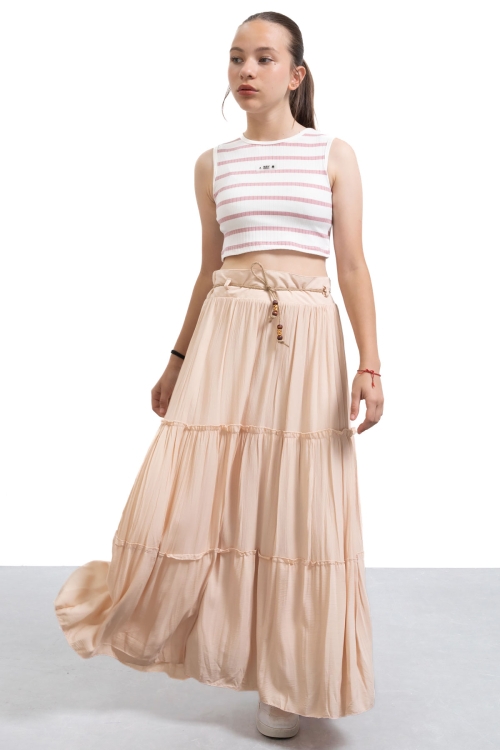 Bej Hasır Kemerli Uzun Kesim Kırışmalı Kız Çocuk Etek 21129