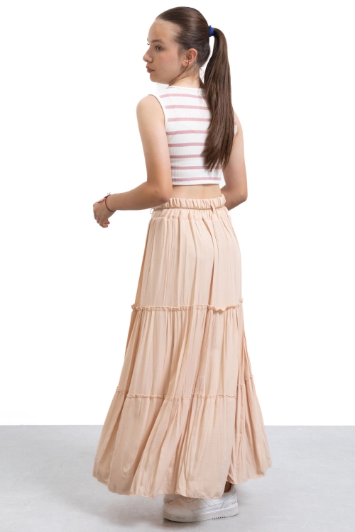 Bej Hasır Kemerli Uzun Kesim Kırışmalı Kız Çocuk Etek 21129