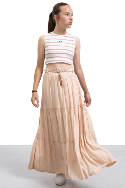 Bej Hasır Kemerli Uzun Kesim Kırışmalı Kız Çocuk Etek 21129