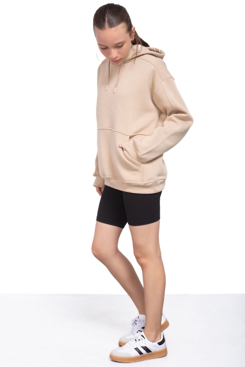 Bej Kanguru Cepli Basic Şardonlu Kız Çocuk Kapüşonlu Sweatshirt 21209