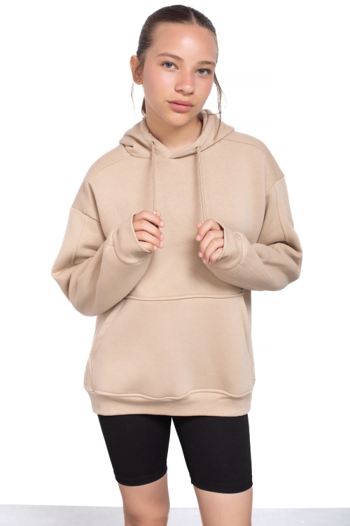 Bej Kanguru Cepli Basic Şardonlu Kız Çocuk Kapüşonlu Sweatshirt 21209