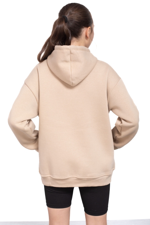 Bej Kanguru Cepli Basic Şardonlu Kız Çocuk Kapüşonlu Sweatshirt 21209