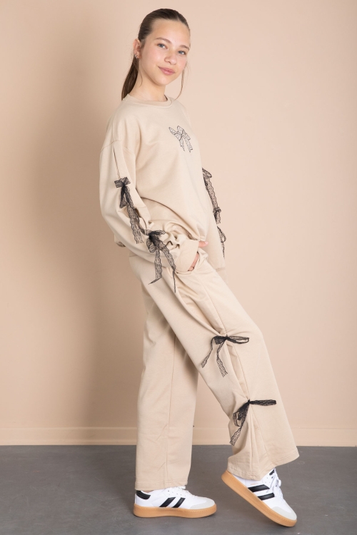 Bej Yanları Fiyonk Detaylı Geniş Paça Kız Çocuk Eşofman Takımı 21199