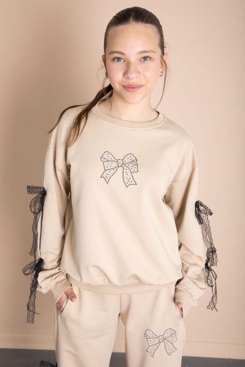 Bej Yanları Fiyonk Detaylı Geniş Paça Kız Çocuk Eşofman Takımı 21199