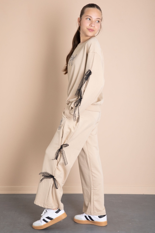 Bej Yanları Fiyonk Detaylı Geniş Paça Kız Çocuk Eşofman Takımı 21199