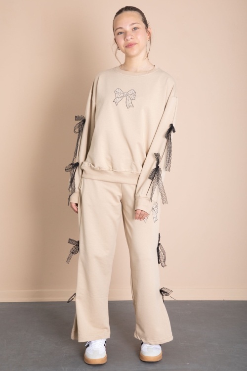 Bej Yanları Fiyonk Detaylı Geniş Paça Kız Çocuk Eşofman Takımı 21199