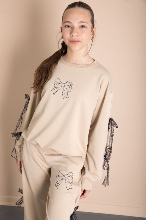 Bej Yanları Fiyonk Detaylı Geniş Paça Kız Çocuk Eşofman Takımı 21199