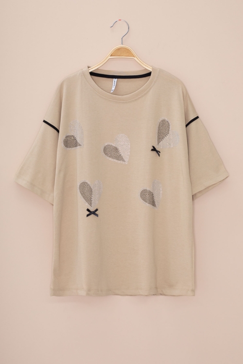 Bej Kolu Şerit Detaylı Payetli Kız Çocuk Oversize Tişört 20810