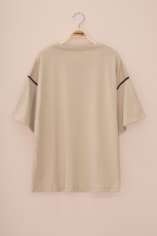 Bej Kolu Şerit Detaylı Payetli Kız Çocuk Oversize Tişört 20810