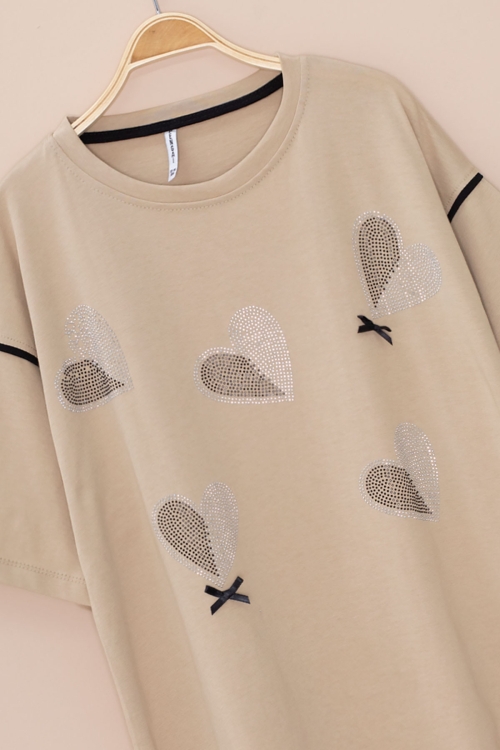 Bej Kolu Şerit Detaylı Payetli Kız Çocuk Oversize Tişört 20810