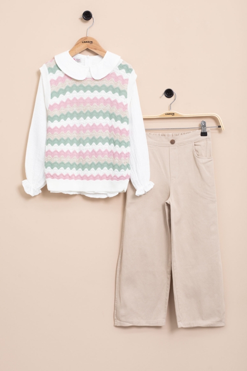 Bej Örgü Süveterli Müslin Gömlekli Kız Çocuk Pantolonlu 3lü Takım 20671