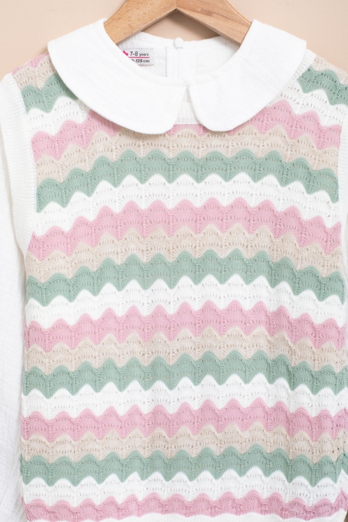 Bej Örgü Süveterli Müslin Gömlekli Kız Çocuk Pantolonlu 3lü Takım 20671