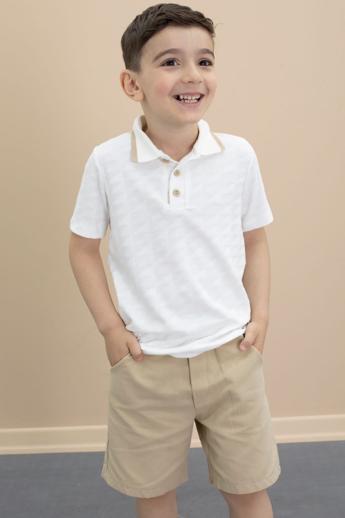Bej Polo Yaka Düğmeli Tişörtlü Erkek Çocuk Şortlu 2li Takım 21104
