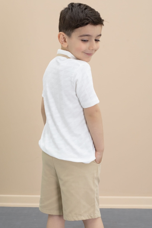 Bej Polo Yaka Düğmeli Tişörtlü Erkek Çocuk Şortlu 2li Takım 21104