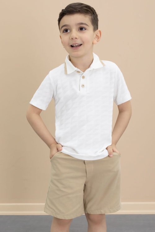 Bej Polo Yaka Düğmeli Tişörtlü Erkek Çocuk Şortlu 2li Takım 21104