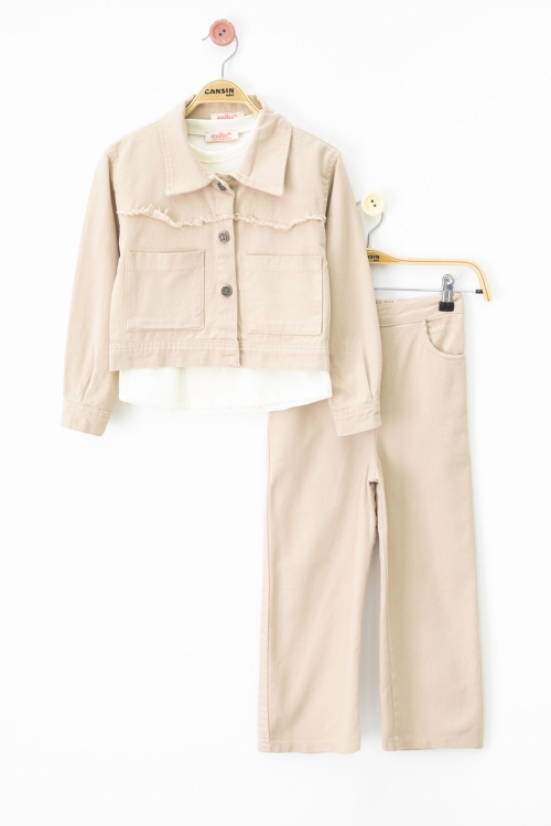Bej Püsküllü Jean Ceketli ve Pantolonlu Kız Çocuk Badili 3lü Takım 20697