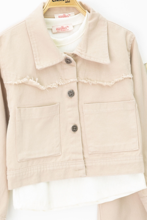 Bej Püsküllü Jean Ceketli ve Pantolonlu Kız Çocuk Badili 3lü Takım 20697