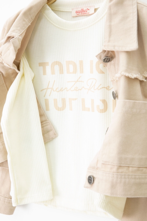 Bej Püsküllü Jean Ceketli ve Pantolonlu Kız Çocuk Badili 3lü Takım 20697