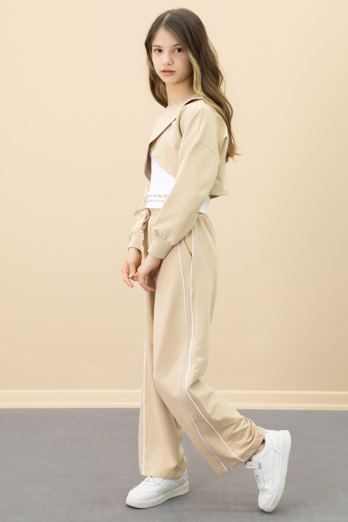 Bej Şerit Detaylı Geniş Paça Croplu Kız Çocuk 3lü Takım 20703