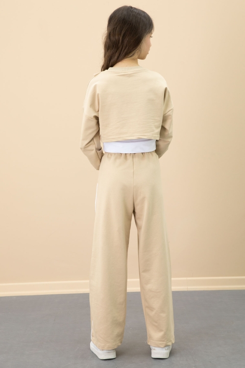 Bej Şerit Detaylı Geniş Paça Croplu Kız Çocuk 3lü Takım 20703