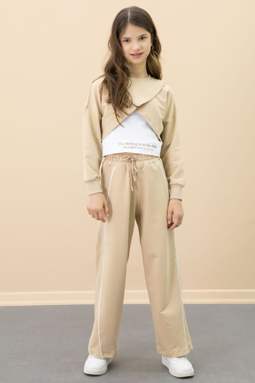 Bej Şerit Detaylı Geniş Paça Croplu Kız Çocuk 3lü Takım 20703