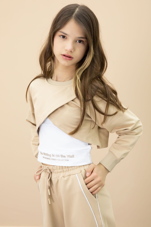 Bej Şerit Detaylı Geniş Paça Croplu Kız Çocuk 3lü Takım 20703