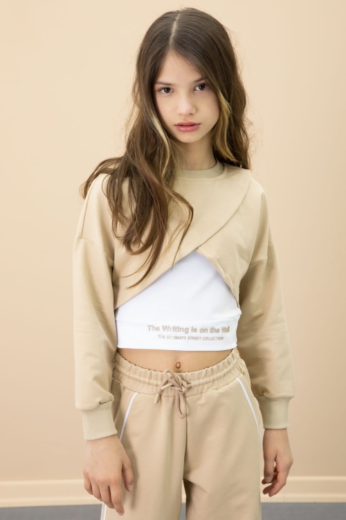 Bej Şerit Detaylı Geniş Paça Croplu Kız Çocuk 3lü Takım 20703