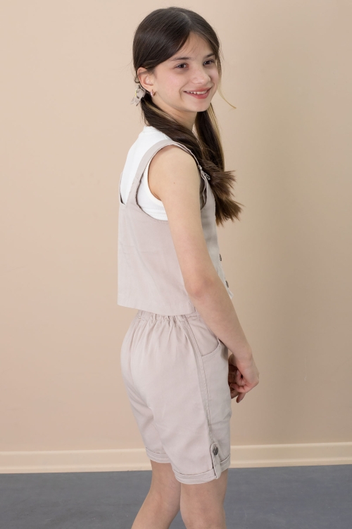 Bej Sıfır Kol Badili Düğmeli Yelekli Kız Çocuk 3lü Şortlu Takım 21033