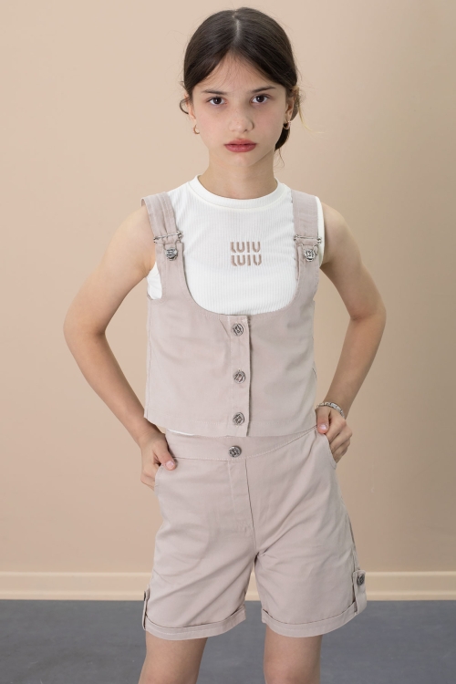 Bej Sıfır Kol Badili Düğmeli Yelekli Kız Çocuk 3lü Şortlu Takım 21033