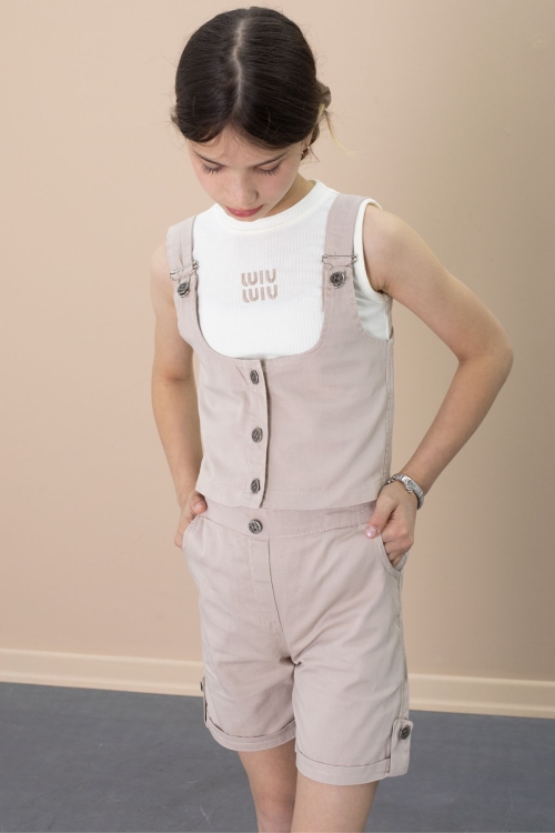 Bej Sıfır Kol Badili Düğmeli Yelekli Kız Çocuk 3lü Şortlu Takım 21033