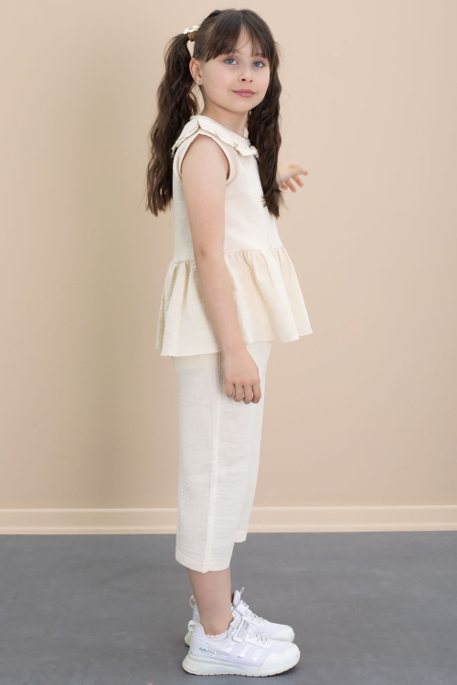 Bej Sıfır Kol Bebe Yaka Bluzlu Pantolonlu Kız Çocuk 2li Takım 21029