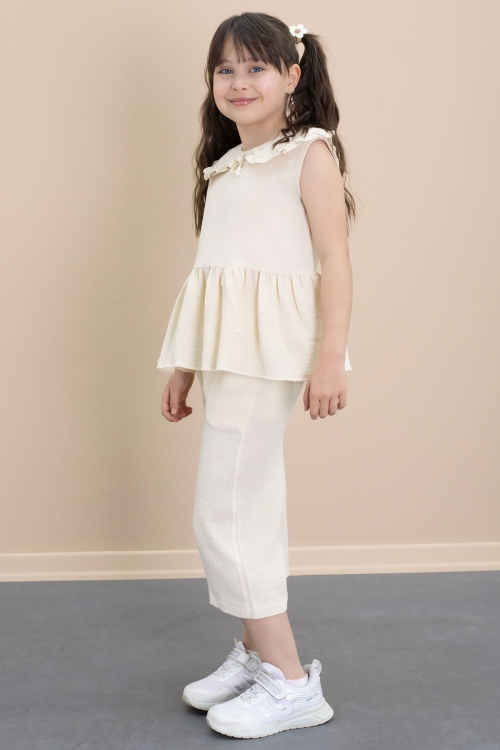 Bej Sıfır Kol Bebe Yaka Bluzlu Pantolonlu Kız Çocuk 2li Takım 21029