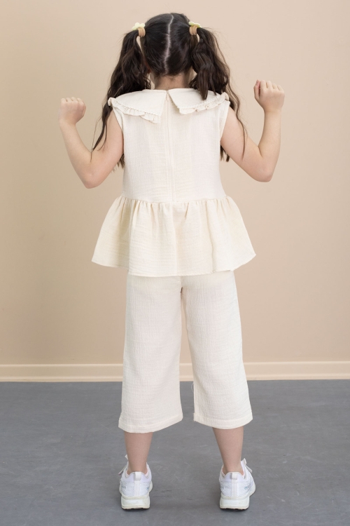 Bej Sıfır Kol Bebe Yaka Bluzlu Pantolonlu Kız Çocuk 2li Takım 21029