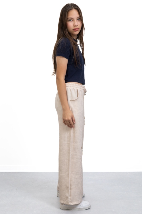 Bej Yıldız Nakışlı Geniş Paça Rahat Kumaş Kız Çocuk Pantolon 21149