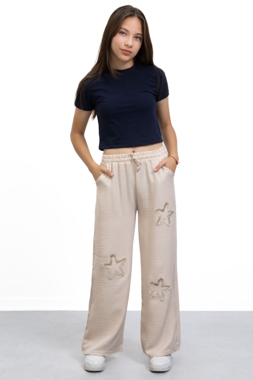 Bej Yıldız Nakışlı Geniş Paça Rahat Kumaş Kız Çocuk Pantolon 21149
