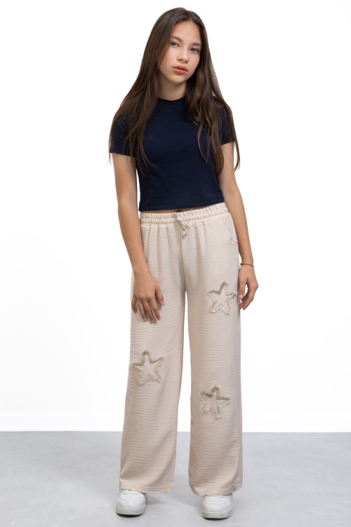Bej Yıldız Nakışlı Geniş Paça Rahat Kumaş Kız Çocuk Pantolon 21149