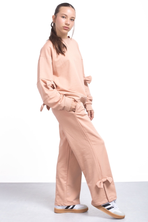 Bej Yırtmaçlı Paça Fiyonk Detaylı Kız Çocuk 2li Eşofman Takımı 21214