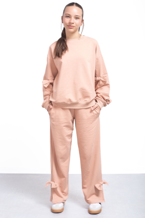 Bej Yırtmaçlı Paça Fiyonk Detaylı Kız Çocuk 2li Eşofman Takımı 21214