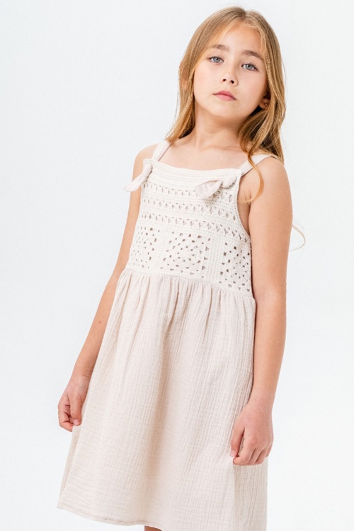 Bej Dantel Detaylı Müslin Kız Çocuk Elbise 21083