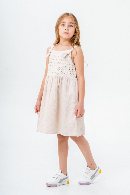 Bej Dantel Detaylı Müslin Kız Çocuk Elbise 21083