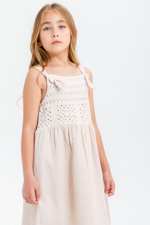 Bej Dantel Detaylı Müslin Kız Çocuk Elbise 21083