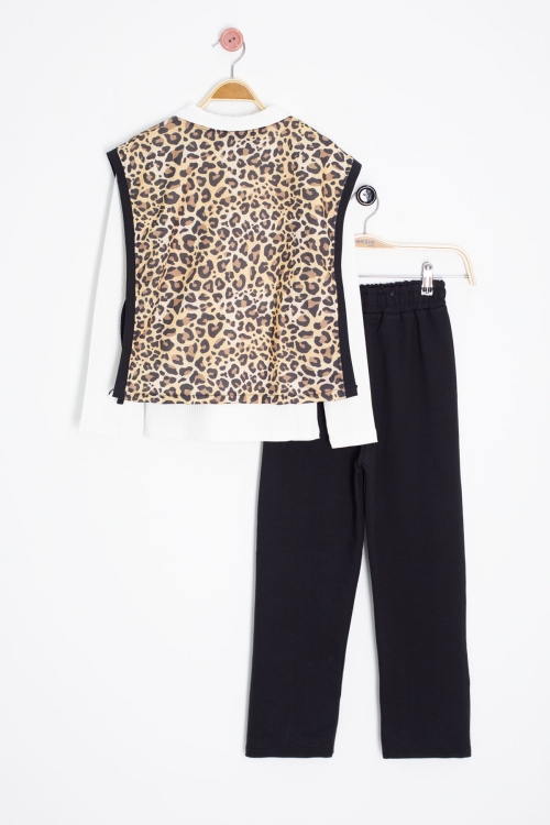 Beyaz Leopar Desenli Süveterli Badili Kız Çocuk Pantolonlu 3lü Takım 20690