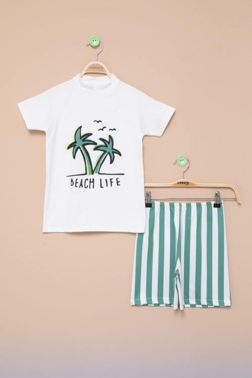 Beyaz Palmiye Baskılı Çizgili Şortlu Erkek Çocuk Şortlu Mayo Takımı 21152