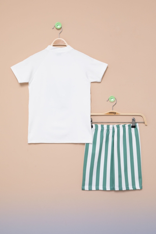 Beyaz Palmiye Baskılı Çizgili Şortlu Erkek Çocuk Şortlu Mayo Takımı 21152