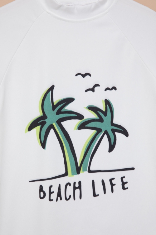 Beyaz Palmiye Baskılı Çizgili Şortlu Erkek Çocuk Şortlu Mayo Takımı 21152